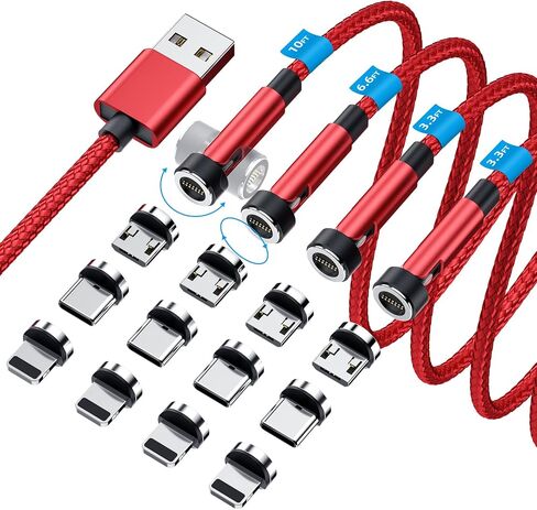 540° Rotation Magnetic Charging Cable, 3 in 1 Magnetic Phone Charger [4-Pack, 3ft/3ft/6ft/10ft] 3A Fast Charging Cable Support Data Transfer USB Magnet Charger Cable for i-P/Micro USB/Type C Device in Kuwait