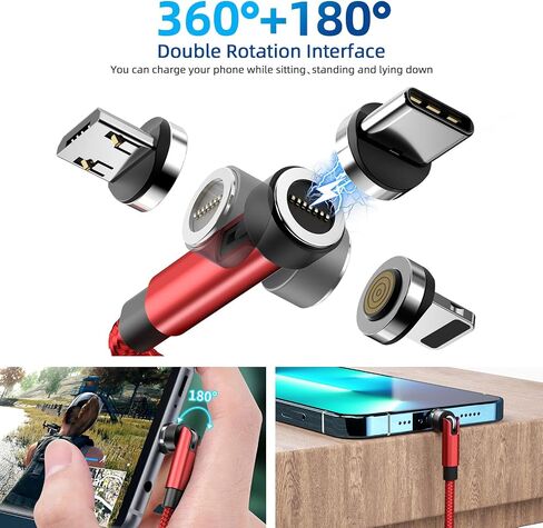 540° Rotation Magnetic Charging Cable, 3 in 1 Magnetic Phone Charger [4-Pack, 3ft/3ft/6ft/10ft] 3A Fast Charging Cable Support Data Transfer USB Magnet Charger Cable for i-P/Micro USB/Type C Device in Kuwait
