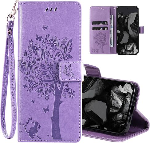 لـ Google Pixel 9 Pro XL Case Wallet للنساء ، زهور Pu Leather Tree Cat Slots Slots Strap Card Pocket Kickstand Flip Protection Phone Cover for Google Pixel 9 Pro XL Light Purple in Kuwait