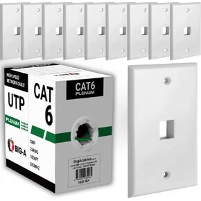 Big-A–Cat6 Plenum Cable 1000ft Green 550MHz High-Speed+1 Port Keystone Wall Plate 1 Gang Ethernet Wall Plate Standard Size for Networking, Compatible with Kek and HDMI Keystone - White Bundle