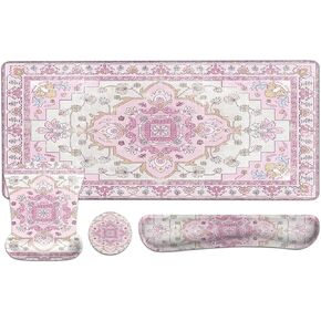 MOSISO Desk Pad Mat Keyboard Mouse Pad Set,Large Mouse Pad&Keyboard Wrist Rest&Mouse Pad with Wrist Rest&Coaster,Vintage National Style Home Office Ergonomic Non-Slip Mousepad with Memory Foam, Pink