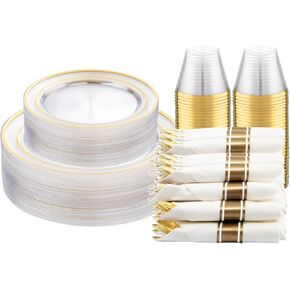 DaYammi 350 Pieces Gold Glitter Dinnerware Set 50 Guest for party- 50 Dinner Plates, 50 Dessert Plates -50 Per Rolled Napkins with Gold Cutlery - 50 Disposable Cups 9 OZ