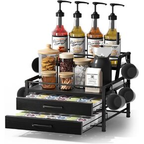 Coffee Syrup Rack Organizer - 4-Tier 8 Syrup Wine Bottles Stand with 82 Storage Drawer for K-Cups, Coffee Pod Holder for Countertop, Bar Station, Kitchen, Black in Kuwait