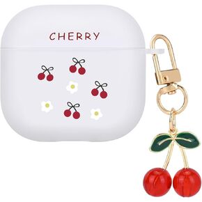 Cute Case for Airpods 4th Generation (2024) with Lovely Keychain, Cherry Flowers Design Women Protective Shockproof Soft TPU Frosted Premium Cover for Airpods 4 Gen