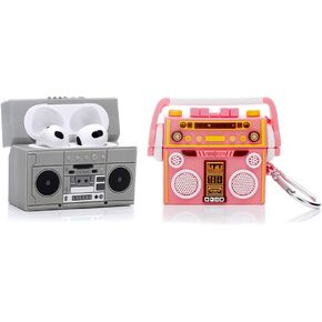 (2 Pack) BGAANM Cute Airpods 3 Cases Silicone Cover with Keychain, Cartoon Skin Design Headphones Charging Case Protective Cover Compatible for Airpods 3rd Generation (RadioWhite+RadioPink)