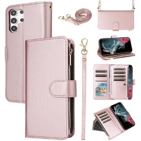 Wallet Case for Samsung Galaxy S21 Ultra 5G Wrist Strap Crossbody Shoulder Strap Leather Flip Zipper Purse Card Holder Slots Protector Phone Cover S21ultra 21S S 21 21ultra G5 Girls Black