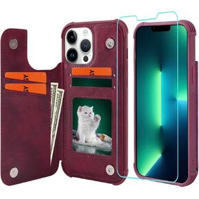 VANAVAGY Wallet Case Compatible for iPhone 13 for Women and Men,Leather Flip Folio Phone Cover Fits Magnetic Car Mount with Credit Card Holder,Forest Green