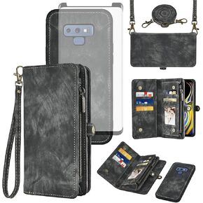 Asuwish Phone Case for Samsung Galaxy Note 9 Zipper Wallet Magnetic Detachable Cell Cover with Tempered Glass Screen Protector Crossbody Lanyard Strap Flip Card Holder Note9 Not S9 Women Girls Blue