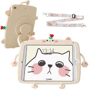 for Samsung Galaxy Tab A7 Lite 8.7 Inch Case 2021(SM-T220/T225/T227) with 360° Rotating Handle Stand Strap Cute Kawaii Flower Cat Silicone Protective Tablet Cover for Kids Girls-Pink