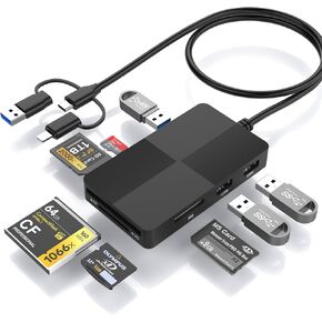 Multi Card Reader Hub, SD/XD/TF/CF/MS Card Slot with 3 USB3.0, 8 in 2 Memory Card Reader/Adapter/Hub for SD SDXC SDHC CF CFI XD MS TF Micro SD Micro SDXC SDHC MS MMC UHS-I USB Stick Mouse