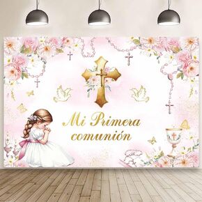 MEHOFOND 7x5ft Mi Primera Comunión Backdrop for Boy Blue Mi Bautizo Photography Background Floral Beads First Holy Communion Party Decorations Chalice Cross Pigeon God Bless Party Photo Props