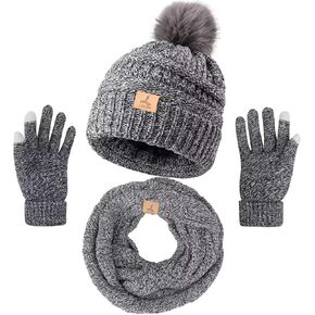 Winter Hat Scarf Gloves and Face Mask, Warm Knit Beanie Pompom Hat Touchscreen Gloves Set Gifts Circle Scarves for Women…