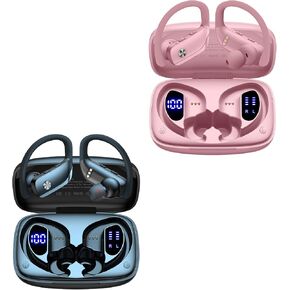 bmani 2 Sets Wireless Earbuds Bluetooth Headphones 48hrs Play Back Sport Earphones with LED Display Over-Ear Buds with Earhooks Built-in Mic Headset for Workout Black + Pink