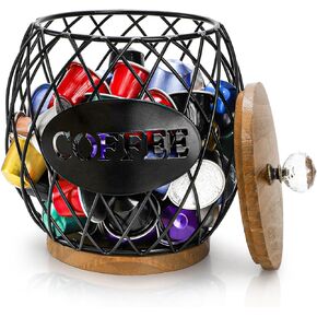 Coffee Pod Holder with Lid, Large Capacity K Cup Storage Basket, Black Wire Coffee Pod Basket Decor for Countertop, Round Coffees Holder for Keurig Kcups, Espresso Capsules