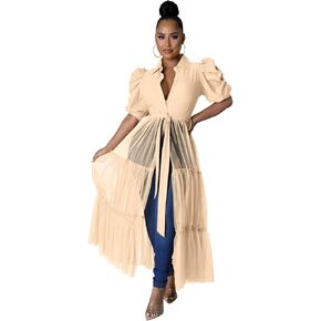 Ekaliy Women Sexy Short Sleeve Bodycon High Low Asymmetrical Ruffle Tunics Blouse Shirt Top Dress