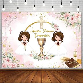 7x5ft Mi Primera Comunion Backdrop for Twin Girls Nuestra Primera Comunión God Bless Baptism Party Decor Christening Ceremony Mi Bautizo Banner Chalice Floral Photography Background Photo Prop