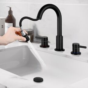 Qomolangma Black Bathroom Faucets for Sink 3 Hole, 8 inch Widespread Bathroom Faucet, 2-Handle Bathroom Sink Faucet, 360° Swivel Spout Lavatory Sink Faucet with Water Supply Lines & Pop Up Drain