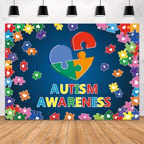MEHOFOND Autism Awareness Backdrop April Puzzle Piece Support Party Decorations Banner Love Needs No Words Loveheart Puzzle Pieces April Autism Awareness Decorations Photography Background (7x5ft)