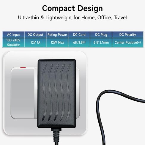 12V 1A 12W 5ft Long Power Supply Adapter, AC DC Switching Adapter (Input 100-240V, Output 12Volt 1Amp 1000mA), DC 12V 5.5x2.1mm Wall Mount Transformer Charger Plug, UL Listed in Saudi Arabia