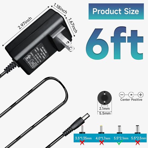 12V 1A 12W 5ft Long Power Supply Adapter, AC DC Switching Adapter (Input 100-240V, Output 12Volt 1Amp 1000mA), DC 12V 5.5x2.1mm Wall Mount Transformer Charger Plug, UL Listed in Saudi Arabia