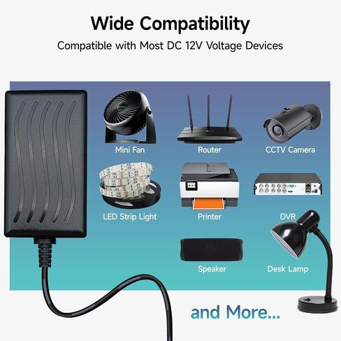 12V 1A 12W 5ft Long Power Supply Adapter, AC DC Switching Adapter (Input 100-240V, Output 12Volt 1Amp 1000mA), DC 12V 5.5x2.1mm Wall Mount Transformer Charger Plug, UL Listed in Saudi Arabia