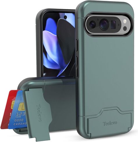 Teelevo Wallet Case for Google Pixel 9/9 Pro, Protective Case with 2-Card Storage and Kickstand for Google Pixel 9 and Pixel 9 Pro - Dark Green in Saudi Arabia