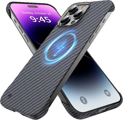 Magnetic Ultra-Thin Frosted Soft Touch Skin Borderless Carbon Fiber Bump Texture for iPhone 15 Pro Frameless Case 6.1" Slim Minimalist Lightweight Matte Hard for MagSafe Cover Case-Black in Kuwait