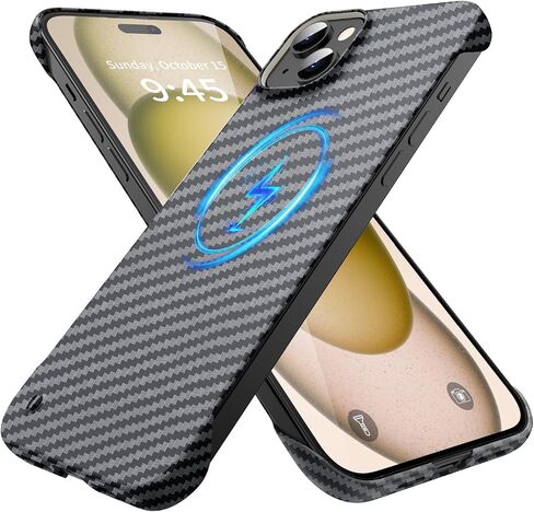 Magnetic Ultra-Thin Frosted Soft Touch Skin Borderless Carbon Fiber Bump Texture for iPhone 15 Pro Frameless Case 6.1" Slim Minimalist Lightweight Matte Hard for MagSafe Cover Case-Black in Kuwait