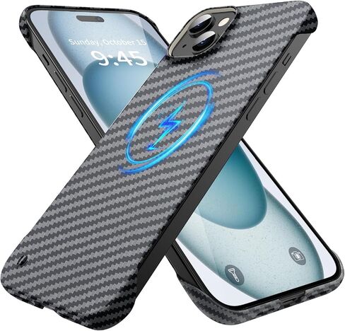 Magnetic Ultra-Thin Frosted Soft Touch Skin Borderless Carbon Fiber Bump Texture for iPhone 15 Pro Frameless Case 6.1" Slim Minimalist Lightweight Matte Hard for MagSafe Cover Case-Black in Kuwait