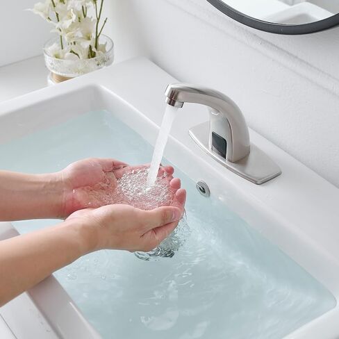 Touchless Bathroom Sink Faucet Commercial Infrared Motion Sensor, Battery or Plug-in Powered, Hot & Cold Mixer Tap, Hands-Free Faucet with Hole Cover Plate, Chrome in Kuwait