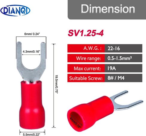 16-14AWG Insulated Fork Spade Wire Connectors,100Pcs U-Type Electrical Crimp Terminals Kit for 1.5-2.5mmq Cable USA Screw#8 (M4 Blue) in Kuwait