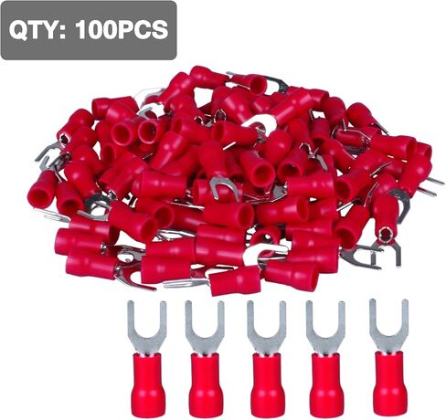 16-14AWG Insulated Fork Spade Wire Connectors,100Pcs U-Type Electrical Crimp Terminals Kit for 1.5-2.5mmq Cable USA Screw#8 (M4 Blue) in Kuwait