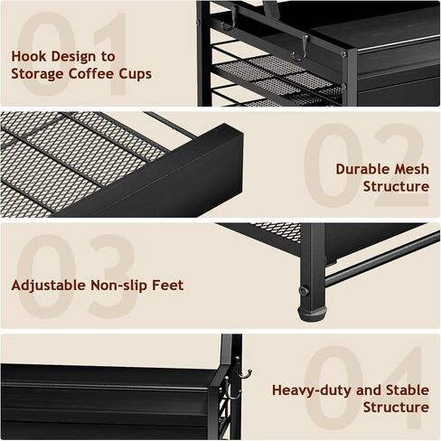 Coffee Syrup Rack Organizer - 4-Tier 8 Syrup Wine Bottles Stand with 82 Storage Drawer for K-Cups, Coffee Pod Holder for Countertop, Bar Station, Kitchen, Black in Kuwait