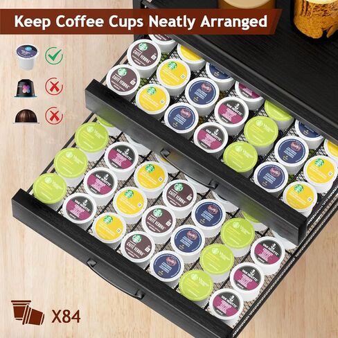 Coffee Syrup Rack Organizer - 4-Tier 8 Syrup Wine Bottles Stand with 82 Storage Drawer for K-Cups, Coffee Pod Holder for Countertop, Bar Station, Kitchen, Black in Kuwait