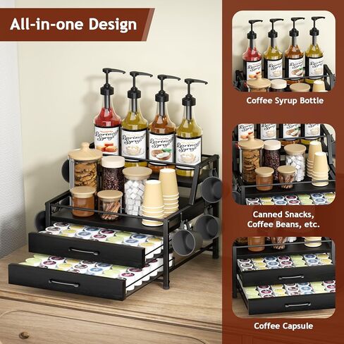 Coffee Syrup Rack Organizer - 4-Tier 8 Syrup Wine Bottles Stand with 82 Storage Drawer for K-Cups, Coffee Pod Holder for Countertop, Bar Station, Kitchen, Black in Kuwait