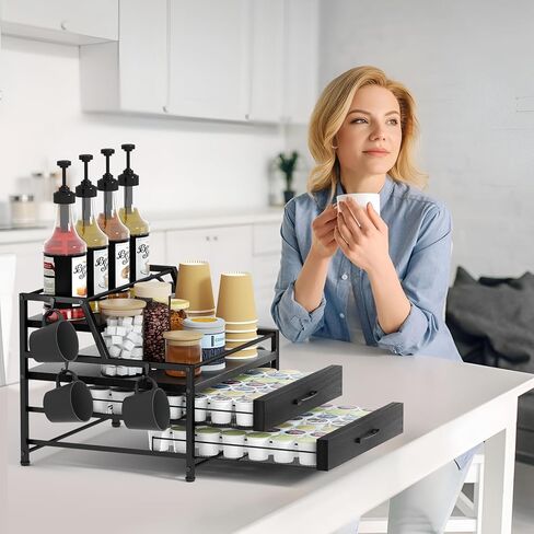 Coffee Syrup Rack Organizer - 4-Tier 8 Syrup Wine Bottles Stand with 82 Storage Drawer for K-Cups, Coffee Pod Holder for Countertop, Bar Station, Kitchen, Black in Kuwait