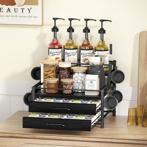 Coffee Syrup Rack Organizer - 4-Tier 8 Syrup Wine Bottles Stand with 82 Storage Drawer for K-Cups, Coffee Pod Holder for Countertop, Bar Station, Kitchen, Black in Kuwait