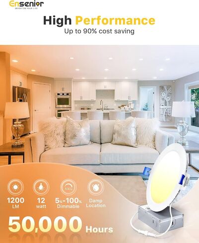Ensenior 4 Pack 6 Inch LED Recessed Light, Dimmable, 2700K-5000K 5CCT, 1200LM High Brightness, 12W 120V, Damp Rated, Ultra-Thin Canless Wafer Ceiling Light - ETL & FCC & IC in Kuwait