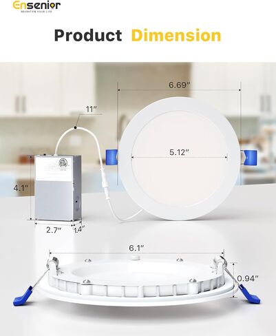 Ensenior 4 Pack 6 Inch LED Recessed Light, Dimmable, 2700K-5000K 5CCT, 1200LM High Brightness, 12W 120V, Damp Rated, Ultra-Thin Canless Wafer Ceiling Light - ETL & FCC & IC in Kuwait
