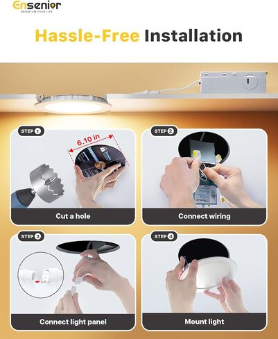 Ensenior 4 Pack 6 Inch LED Recessed Light, Dimmable, 2700K-5000K 5CCT, 1200LM High Brightness, 12W 120V, Damp Rated, Ultra-Thin Canless Wafer Ceiling Light - ETL & FCC & IC in Kuwait