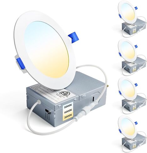 Ensenior 4 Pack 6 Inch LED Recessed Light, Dimmable, 2700K-5000K 5CCT, 1200LM High Brightness, 12W 120V, Damp Rated, Ultra-Thin Canless Wafer Ceiling Light - ETL & FCC & IC in Kuwait
