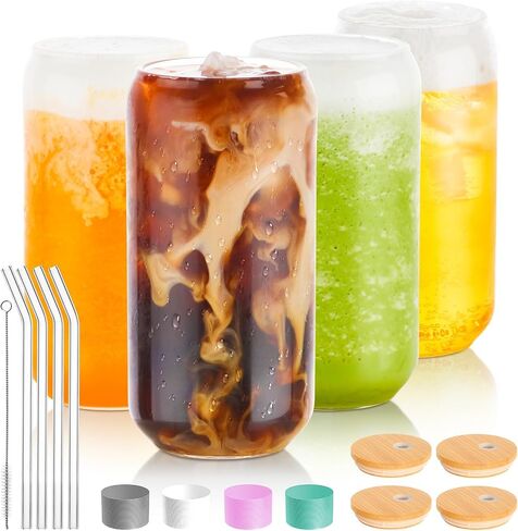BEWAVE Drinking Glass, 16oz Can Shaped Glasses Cups, Iced Coffee Glasses, Beer Tumbler, for Whiskey, Soda, Tea, Juice, Gift, with Lid, Straw and Sleeve, 1 Pc in Kuwait