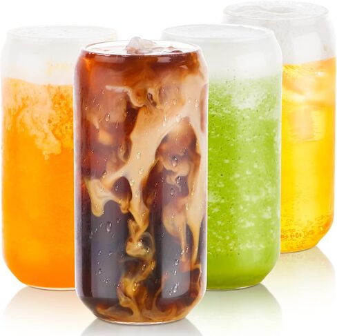 BEWAVE Drinking Glass, 16oz Can Shaped Glasses Cups, Iced Coffee Glasses, Beer Tumbler, for Whiskey, Soda, Tea, Juice, Gift, with Lid, Straw and Sleeve, 1 Pc in Kuwait