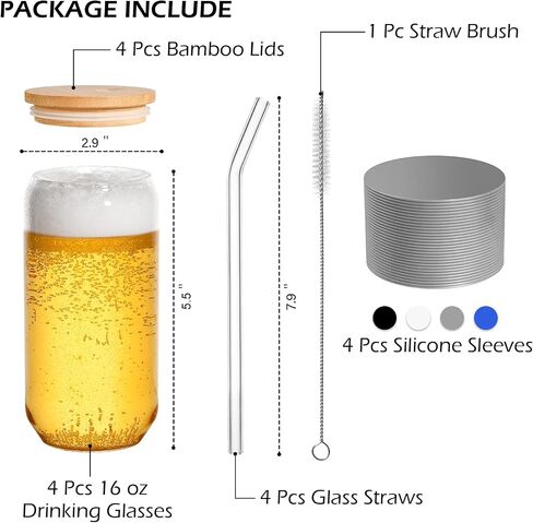 BEWAVE Drinking Glass, 16oz Can Shaped Glasses Cups, Iced Coffee Glasses, Beer Tumbler, for Whiskey, Soda, Tea, Juice, Gift, with Lid, Straw and Sleeve, 1 Pc in Kuwait