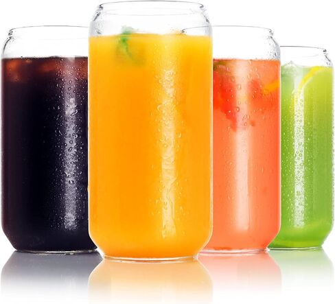 BEWAVE Drinking Glass, 16oz Can Shaped Glasses Cups, Iced Coffee Glasses, Beer Tumbler, for Whiskey, Soda, Tea, Juice, Gift, with Lid, Straw and Sleeve, 1 Pc in Kuwait