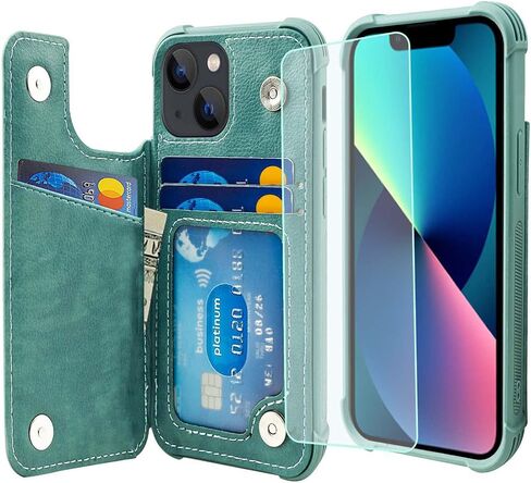 VANAVAGY Wallet Case Compatible for iPhone 13 for Women and Men,Leather Flip Folio Phone Cover Fits Magnetic Car Mount with Credit Card Holder,Forest Green in Kuwait