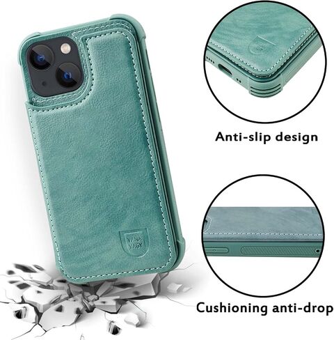 VANAVAGY Wallet Case Compatible for iPhone 13 for Women and Men,Leather Flip Folio Phone Cover Fits Magnetic Car Mount with Credit Card Holder,Forest Green in Kuwait