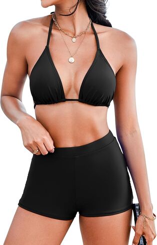 Boyshorts Swimsuits for Women-High Waisted Bikini Set 2 Piece Tummy Control Bathing Suit Triangle Top Shorts Bottom in Kuwait