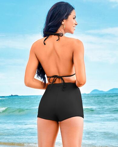 Boyshorts Swimsuits for Women-High Waisted Bikini Set 2 Piece Tummy Control Bathing Suit Triangle Top Shorts Bottom in Kuwait