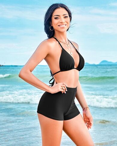 Boyshorts Swimsuits for Women-High Waisted Bikini Set 2 Piece Tummy Control Bathing Suit Triangle Top Shorts Bottom in Kuwait